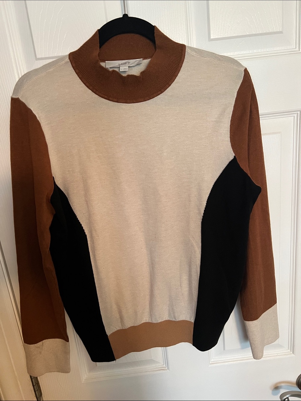 LOFT Colorblock Mock Neck Sweater in Cream, Brown & Black